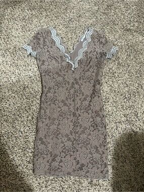Kimchi Blue Taupe Lace Mini Dress with Light Gray Trim